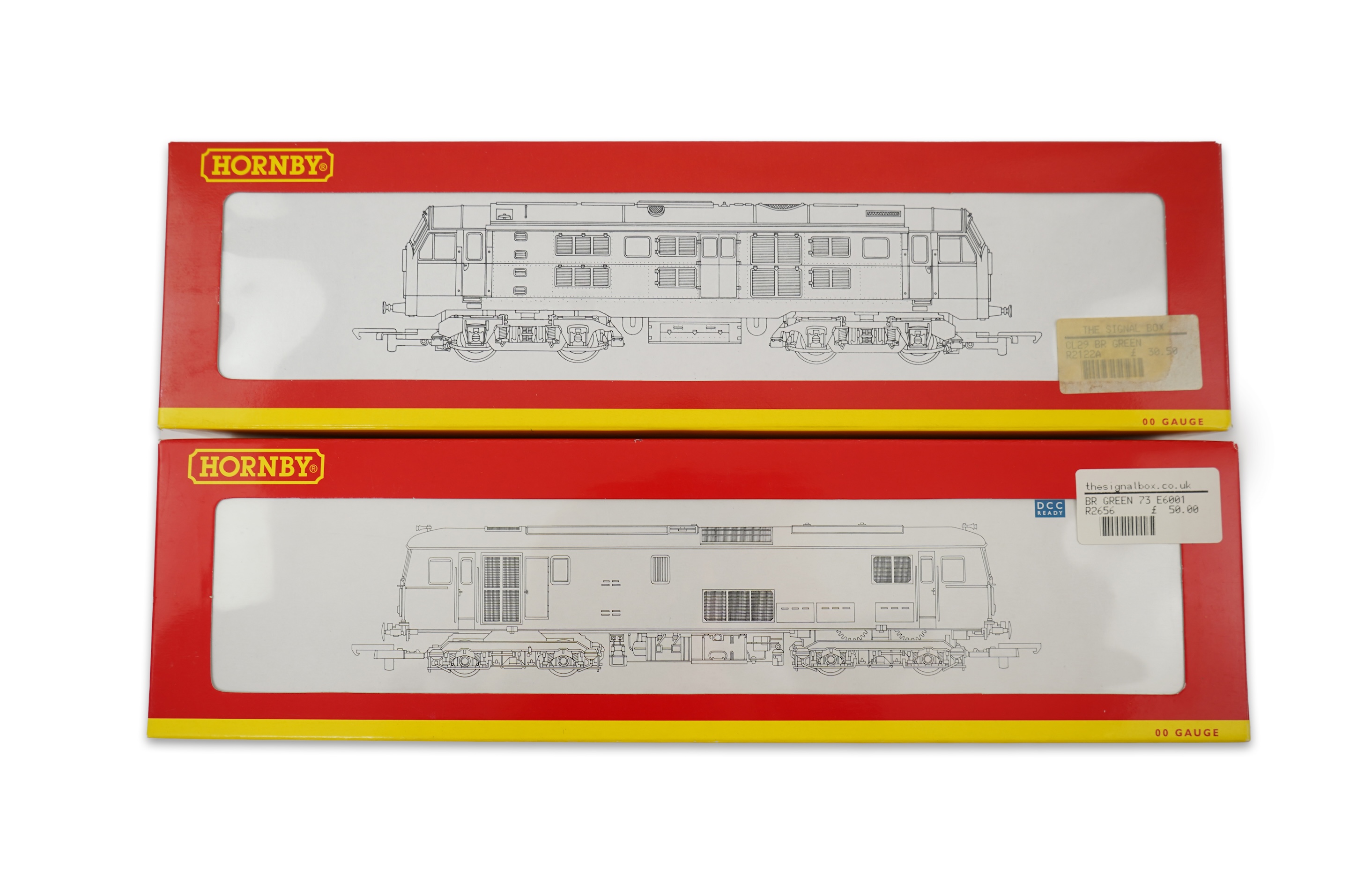 Two boxed Hornby Hobbies 00 gauge railway BR diesel-electric locomotives; a class 73 Bo-Bo, E6001, (R2656), together with a class 29 Bo-Bo, D6119, (R2122A)